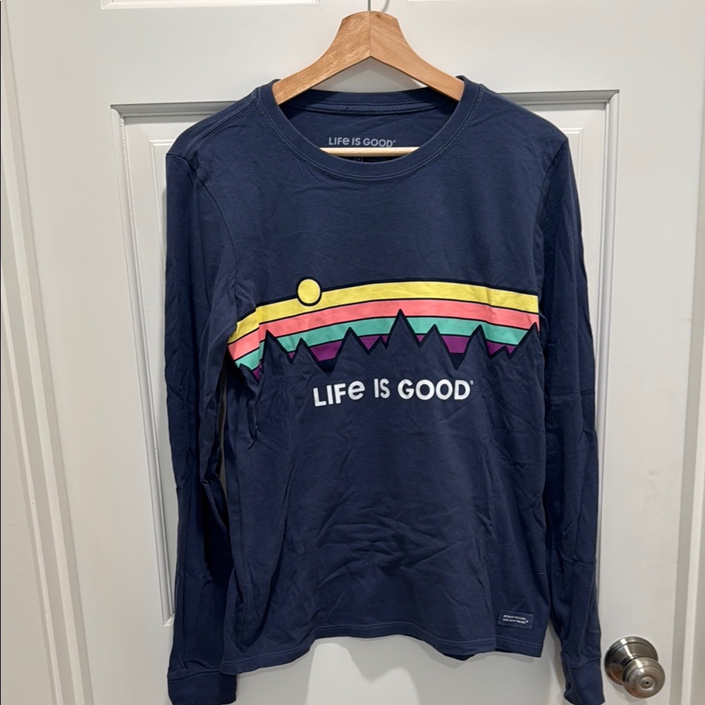 Life is Good Navy Graphic Long Sleeve Shirt women mendium